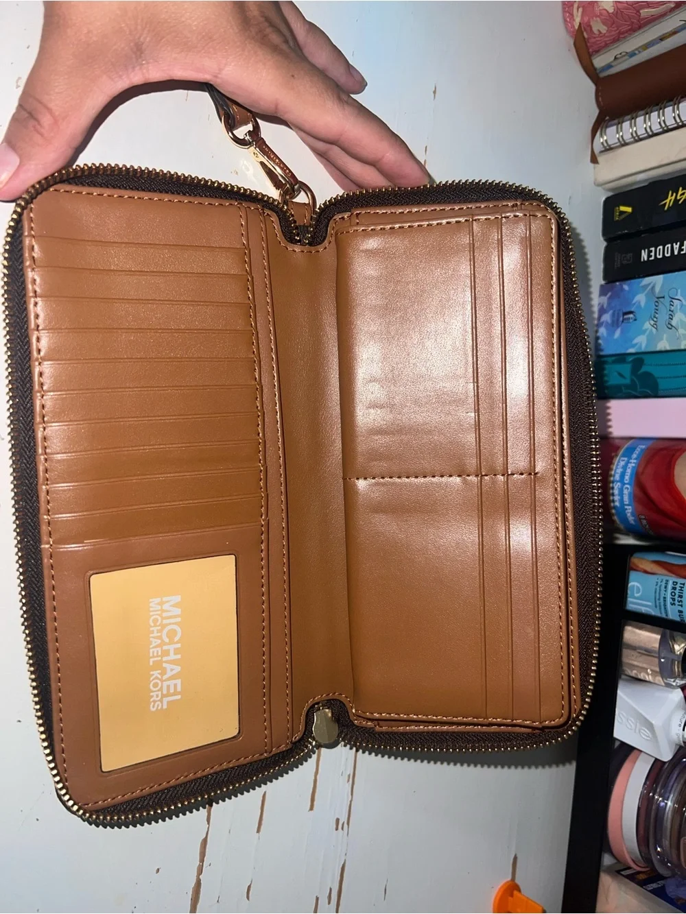 Michael Kors Brown and Gold Signature Zip Wristlet